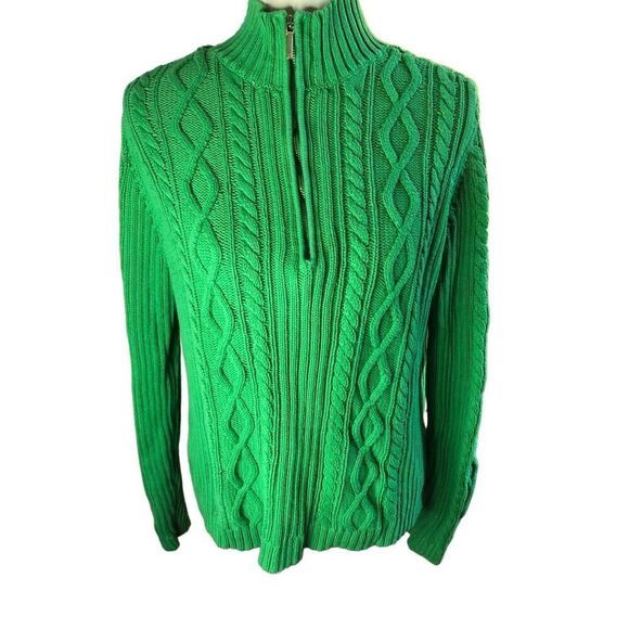 Chaps vintage green cable knit 3/4 gold zip mock turtleneck sweater size M - Picture 2 of 12